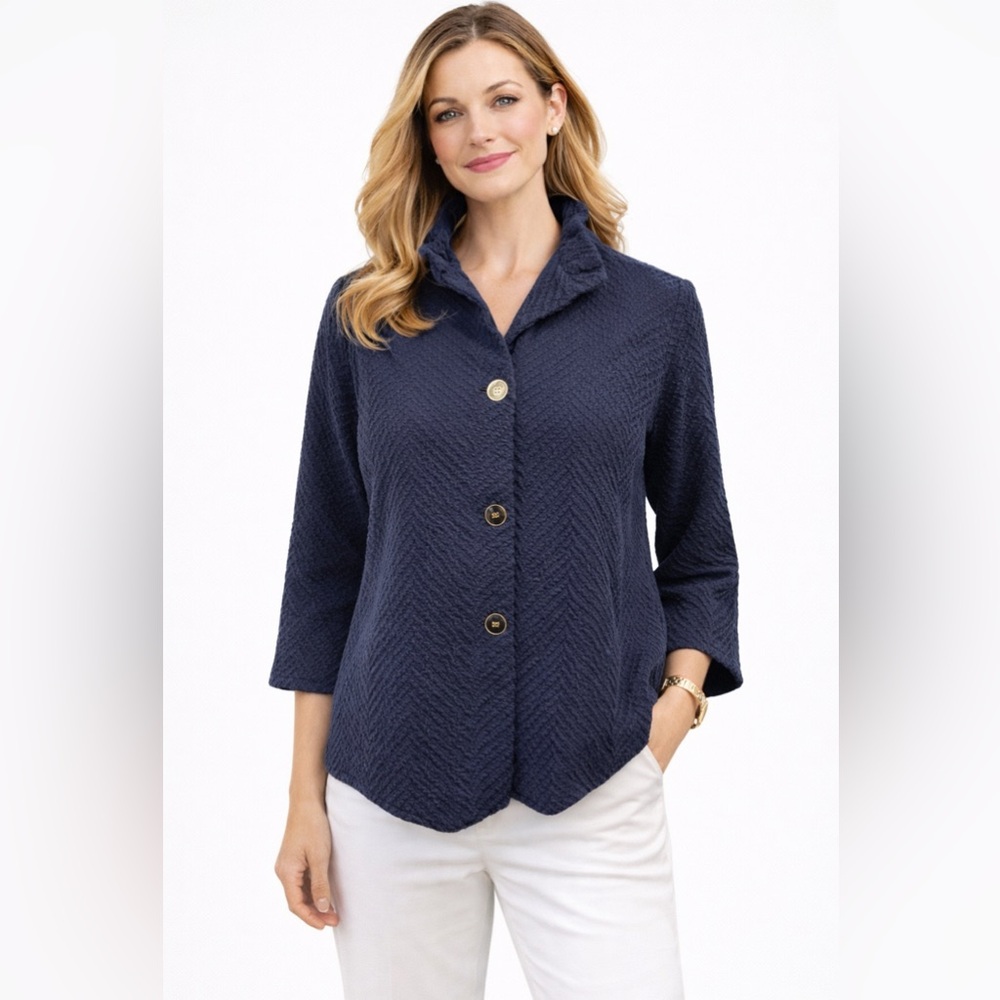 J. McLaughlin Jacket Blazer Small Textured Cotton Ruffled Neck Washable